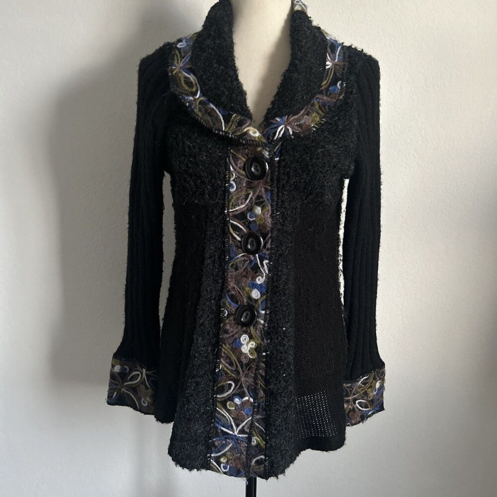 Liquid By Sioni Cardigan Black Embroidered Wool & Mohair Buttoned Sweater Sz L